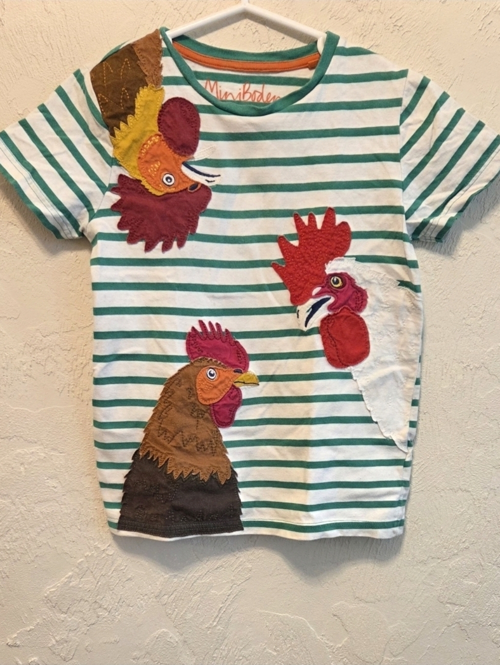 Mini Boden Chicken/Rooster Applique Striped T-Shirt 8-9